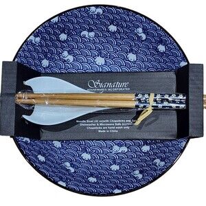 Signature Blue Bunny Waves Ceramic Ramen Noodle Bowl Set 42oz Chopsticks Spoon